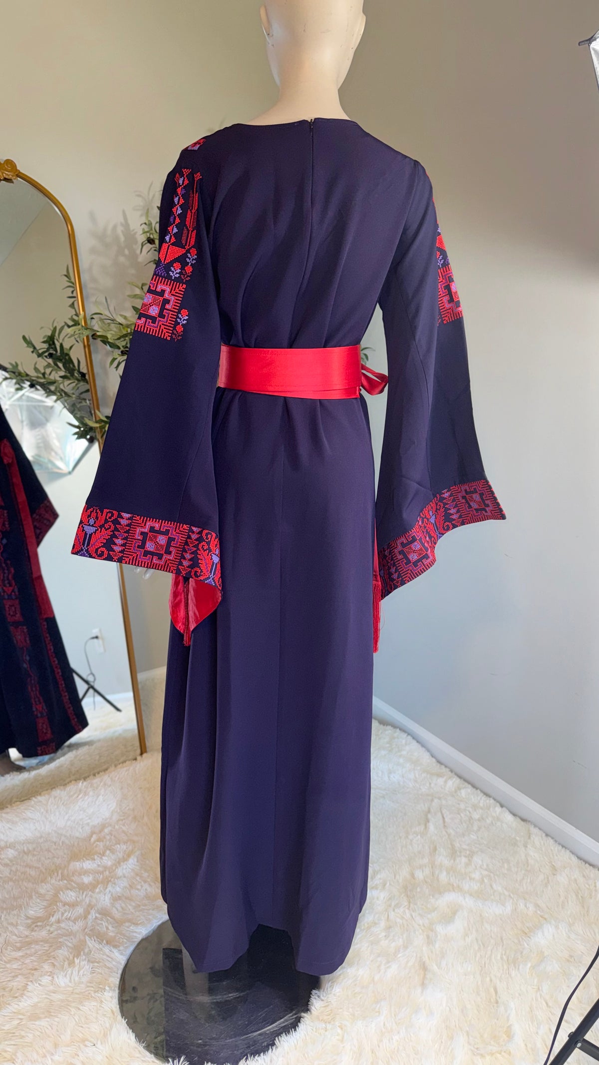 Dark purple embroidered fabric dress with matching belt