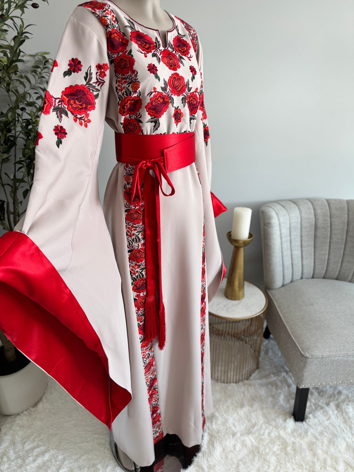 Beige Thobe with Red Embroidery