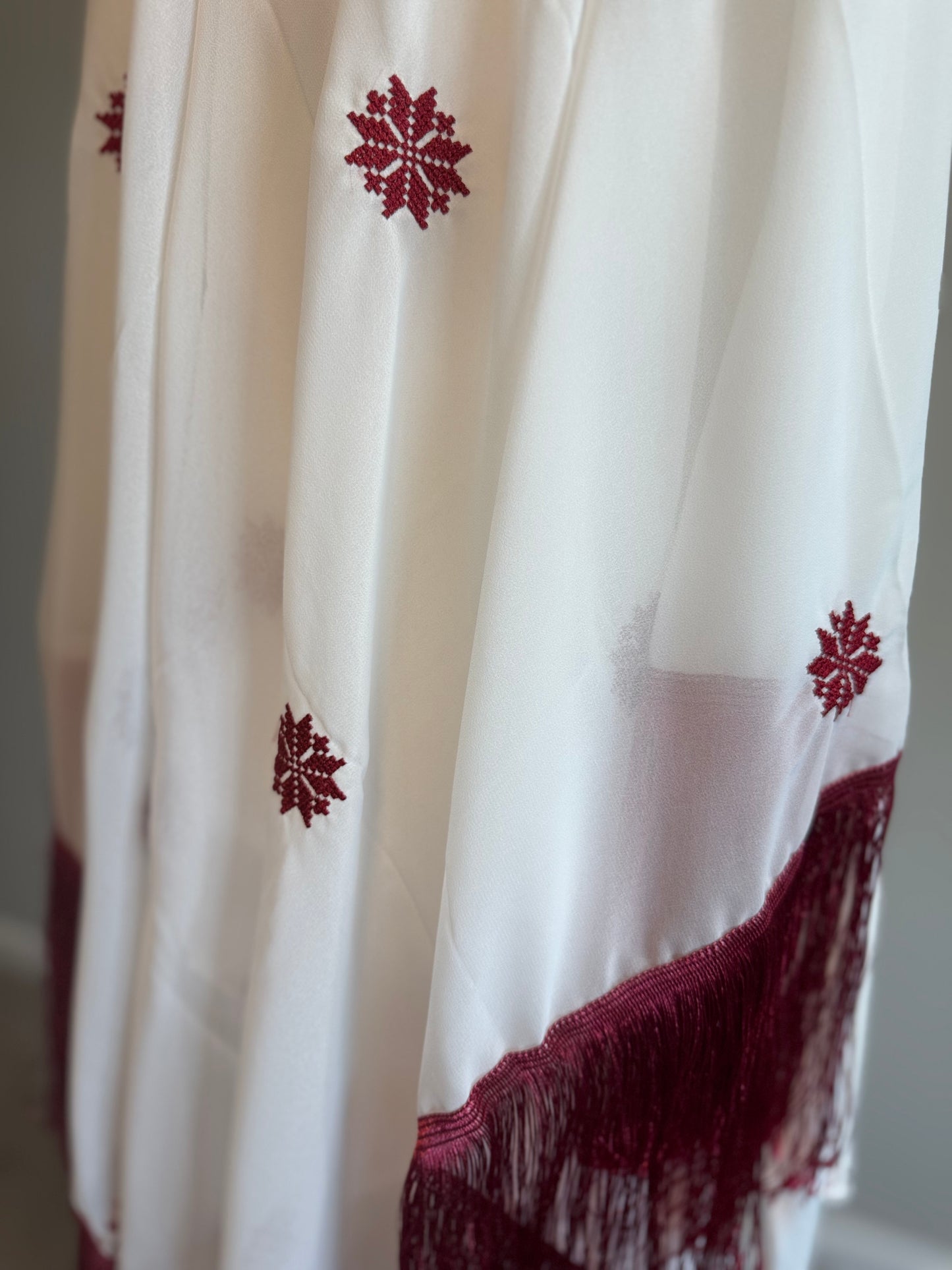 White headscarf with burgundy embroidery