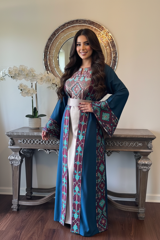 Teal and sliver two piece open abaya with matching belt