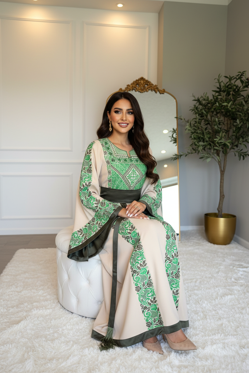 Dark beige thobe with green embroidery