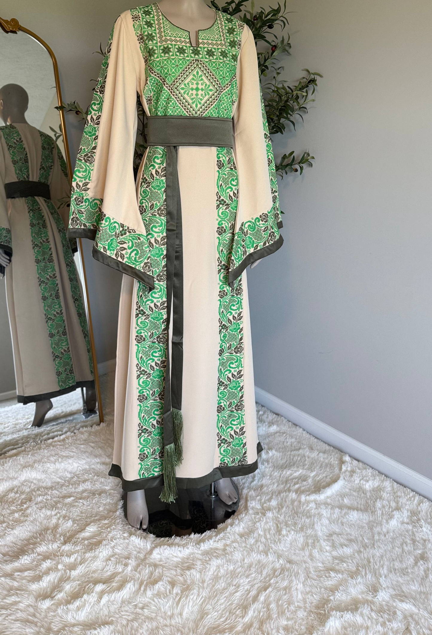 Dark beige thobe with green embroidery