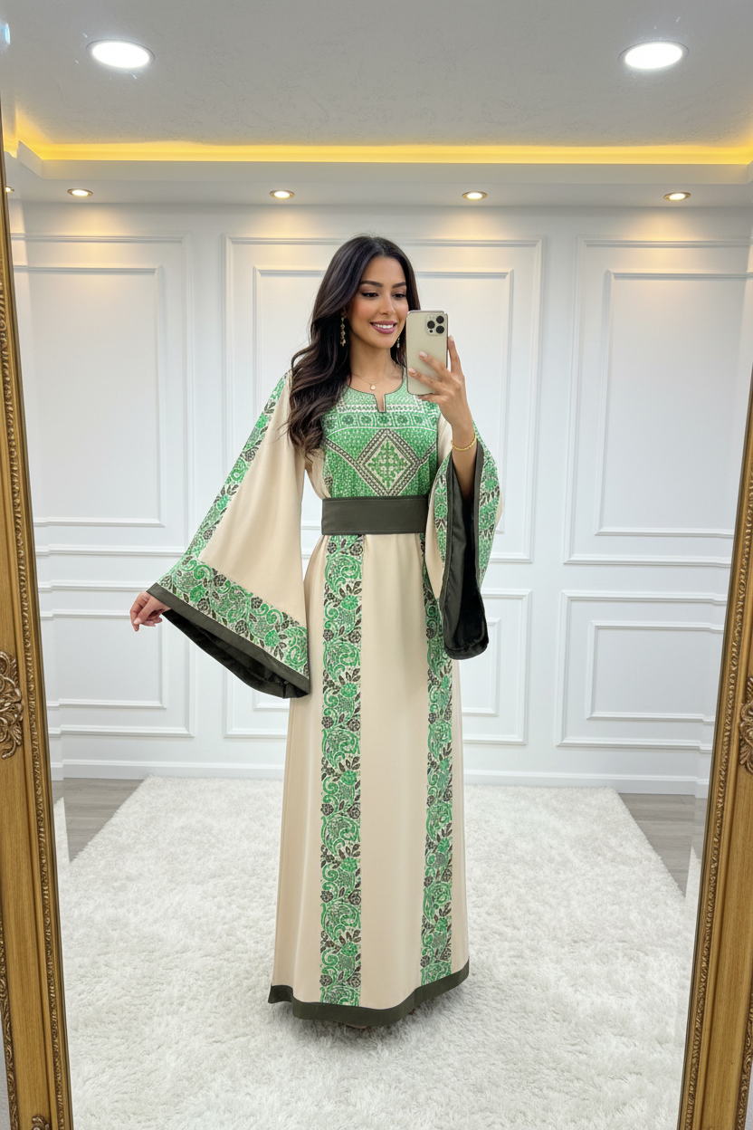 Dark beige thobe with green embroidery