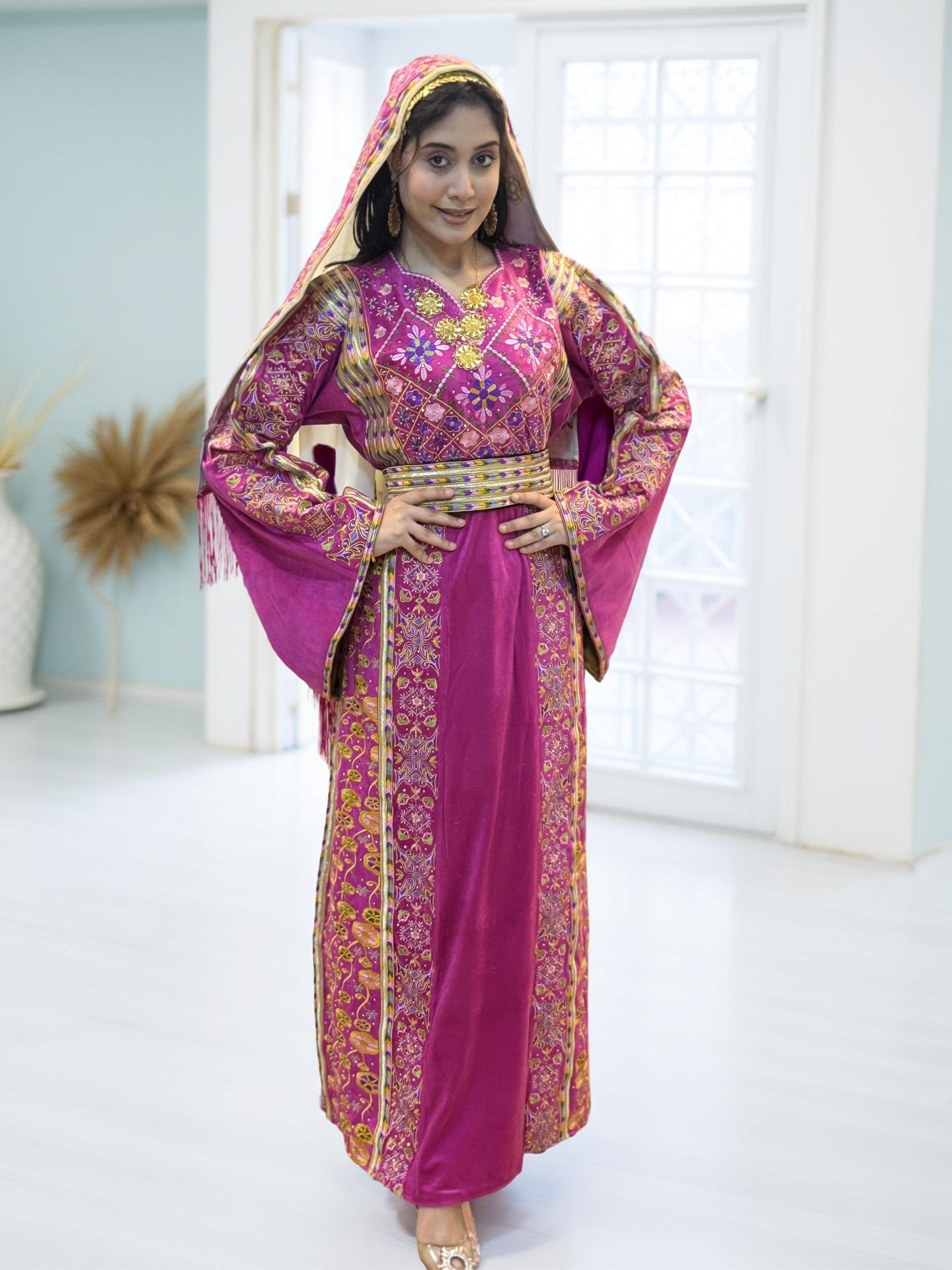 Fuchsia silk velvet thobe