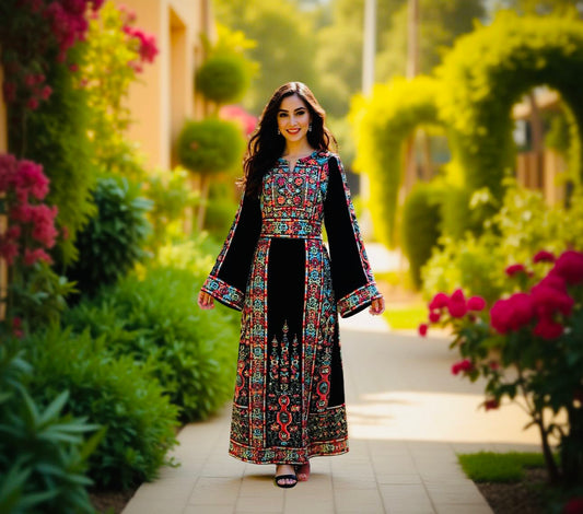 Black thobe with blue and peach embroidery. Matching belt included
