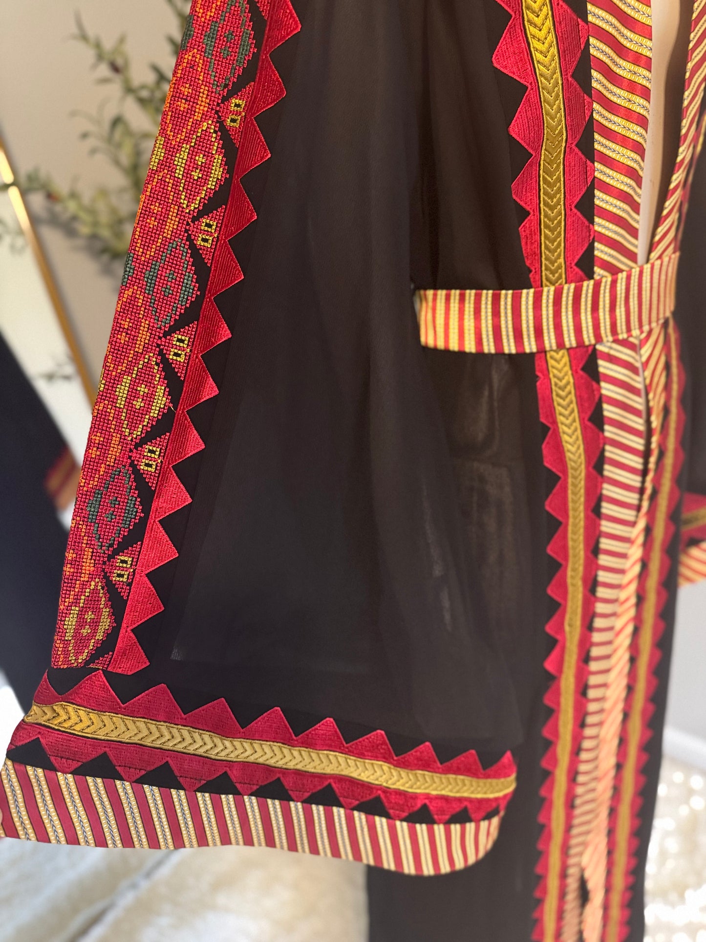 Black and red chiffon open abaya