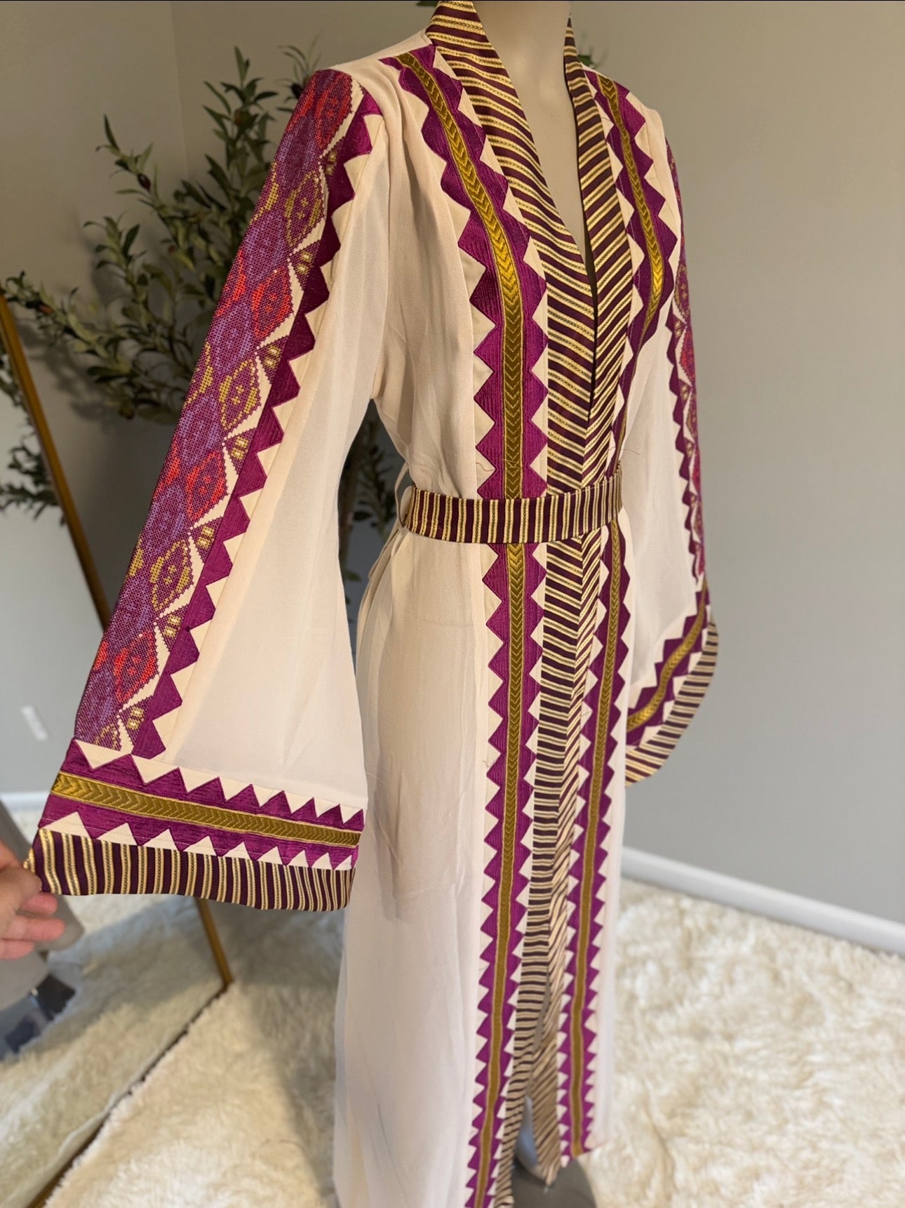 Beige embroidered open abaya with belt