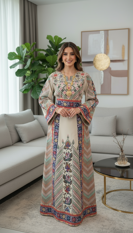 Off-white thobe colorful embroidery