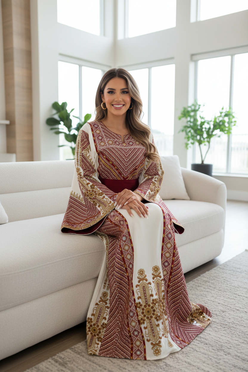 Light beige and burgundy embroidered thobe