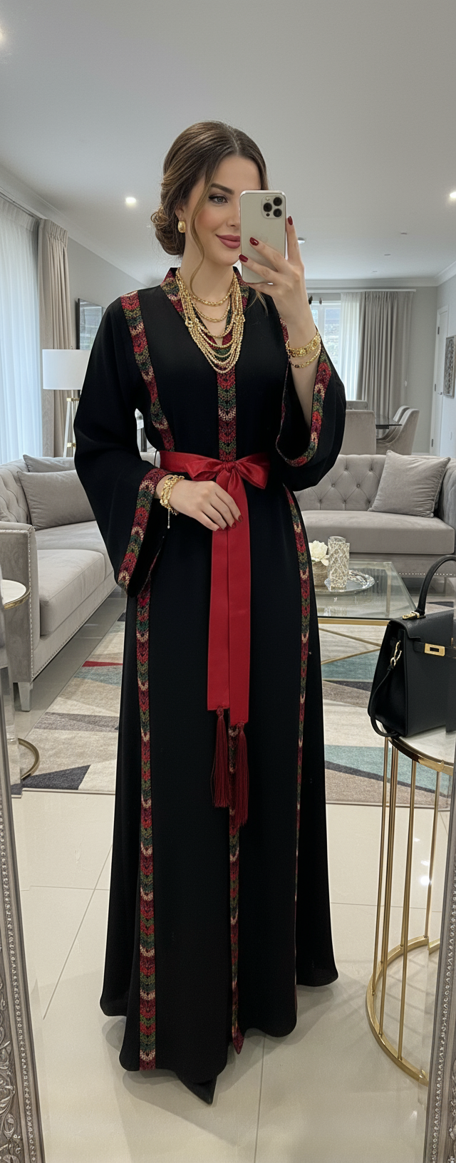 Black dress with embroidery and satin belt.