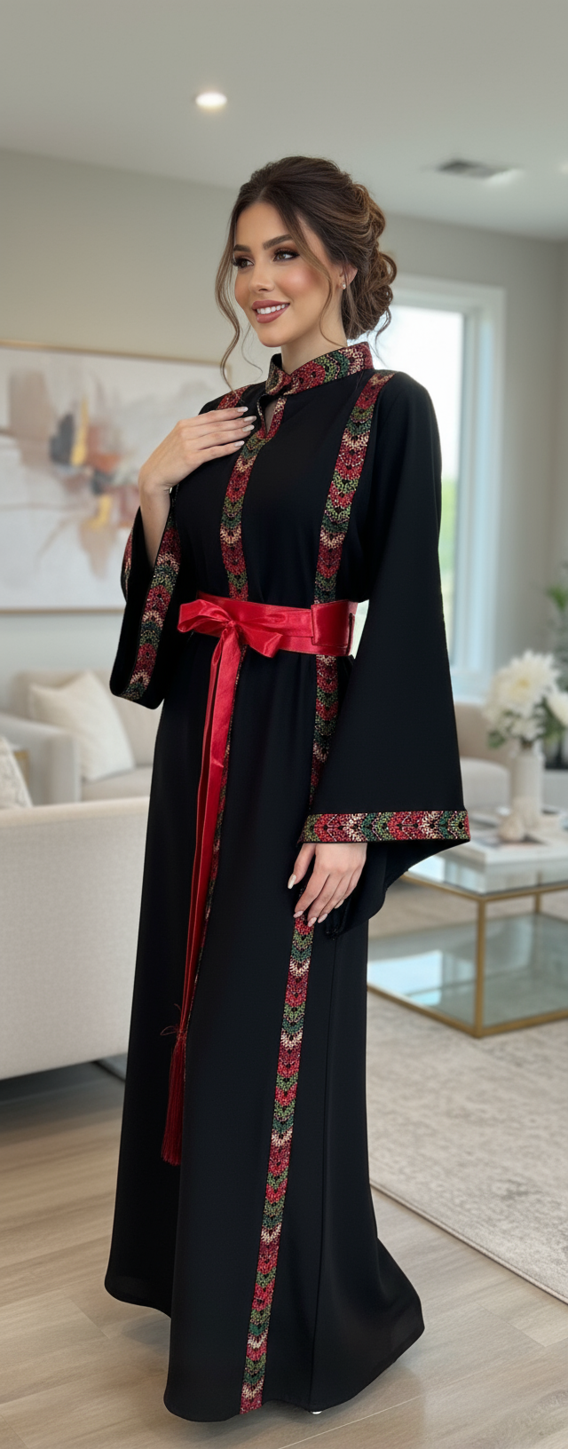 Black dress with embroidery and satin belt.