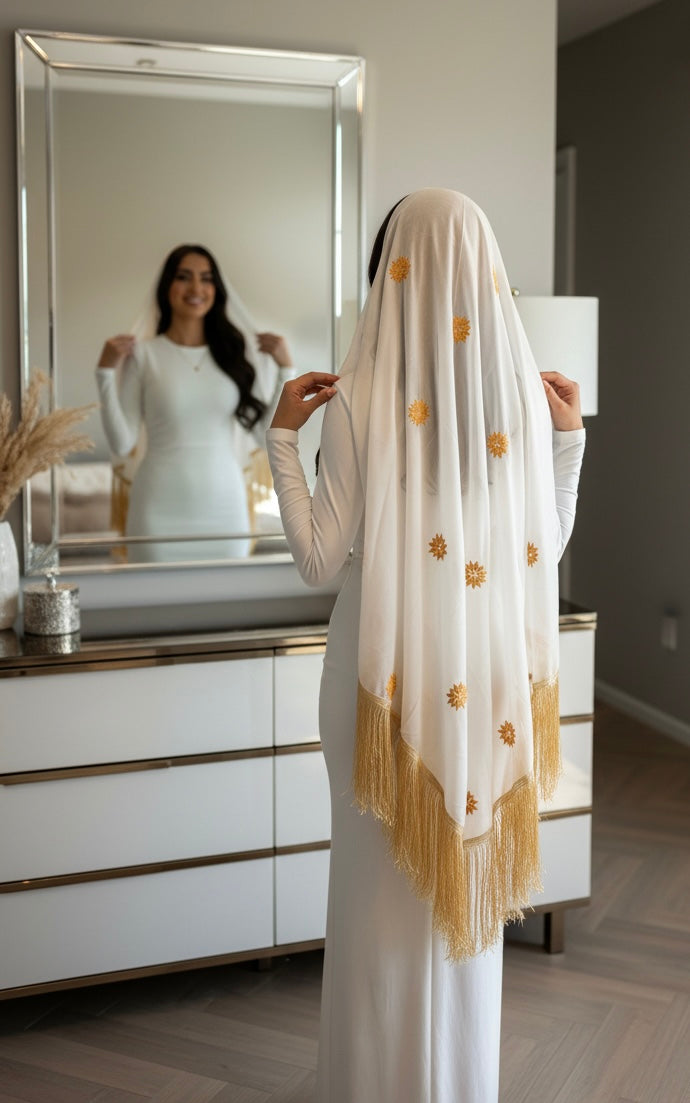 White headscarf with gold embroidery