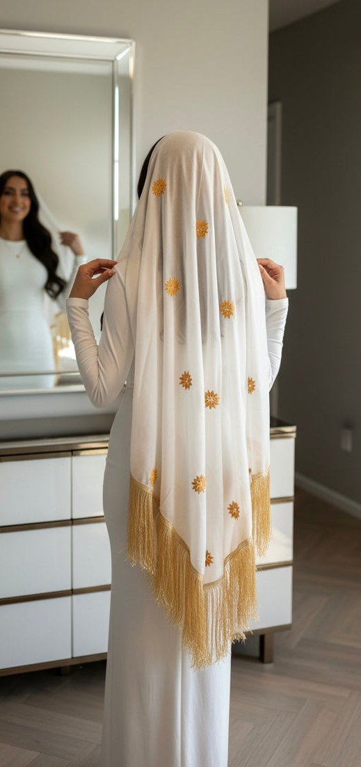 White headscarf with gold embroidery