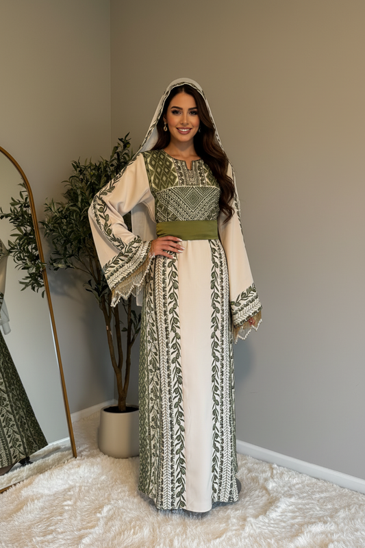 Beige and thobe with olive green embroidery