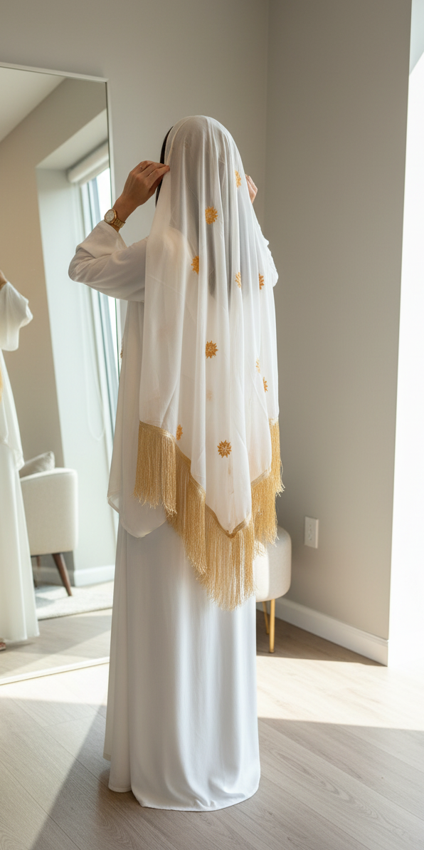 White headscarf with gold embroidery