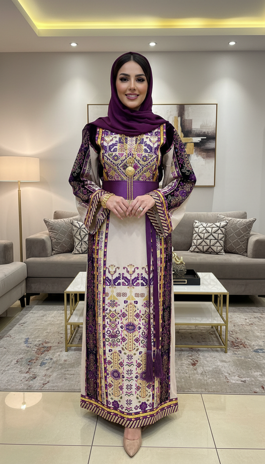 Beige thobe with purple velvet