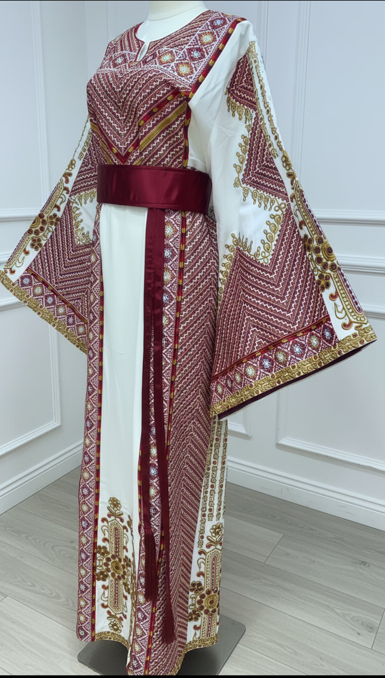 Off- white thobe with burgundy embroidery