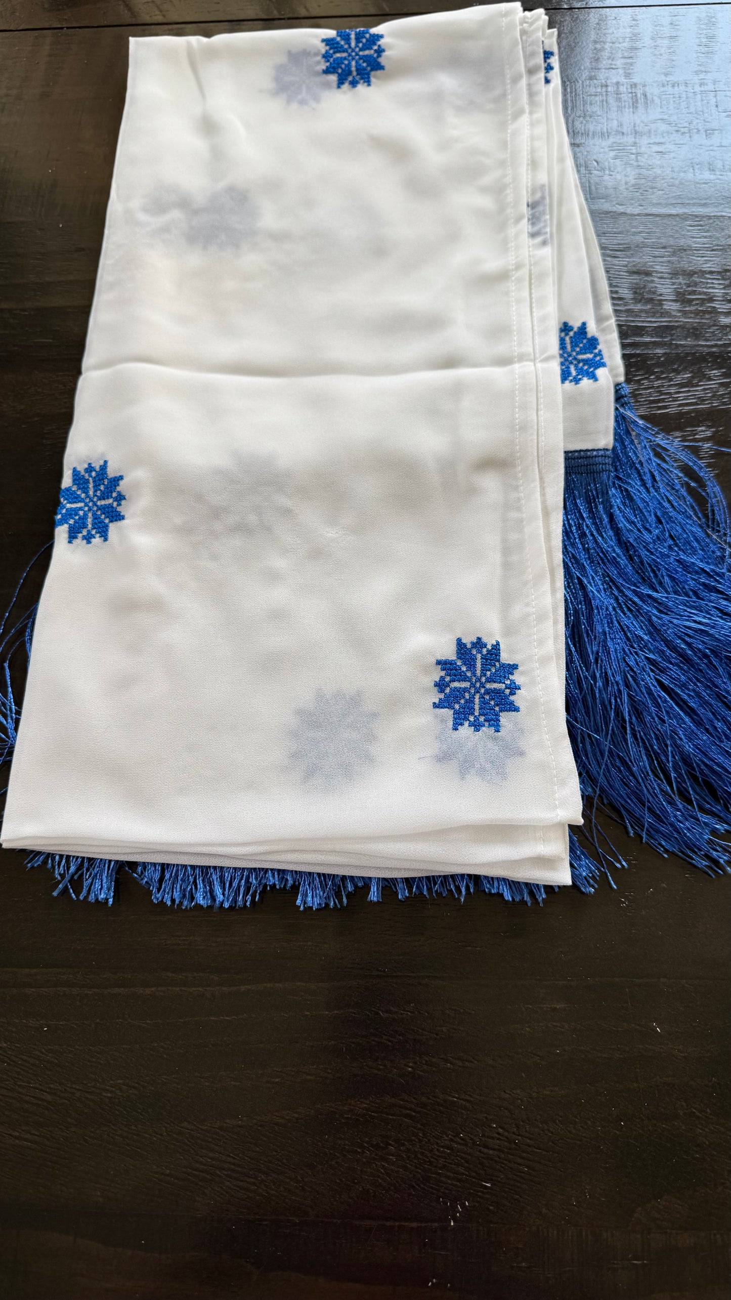 Off-white head scarf with royal blue embroidery