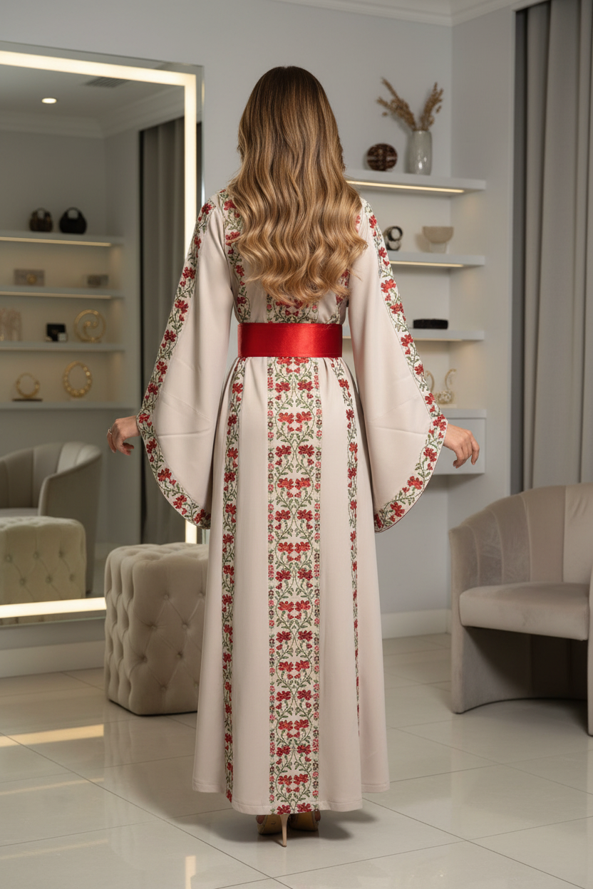 A beautiful beige and red dress with fashionable sleeves.