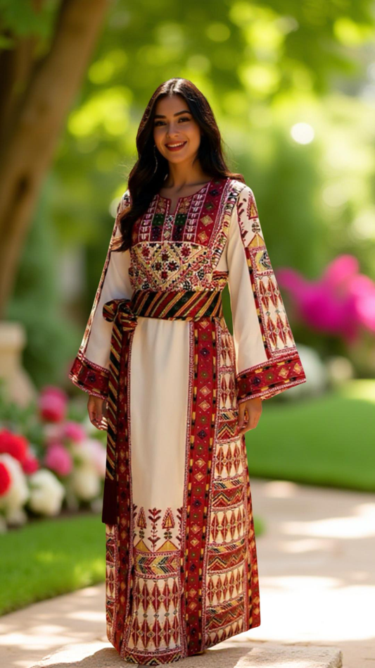 White thobe with colorful embroidery