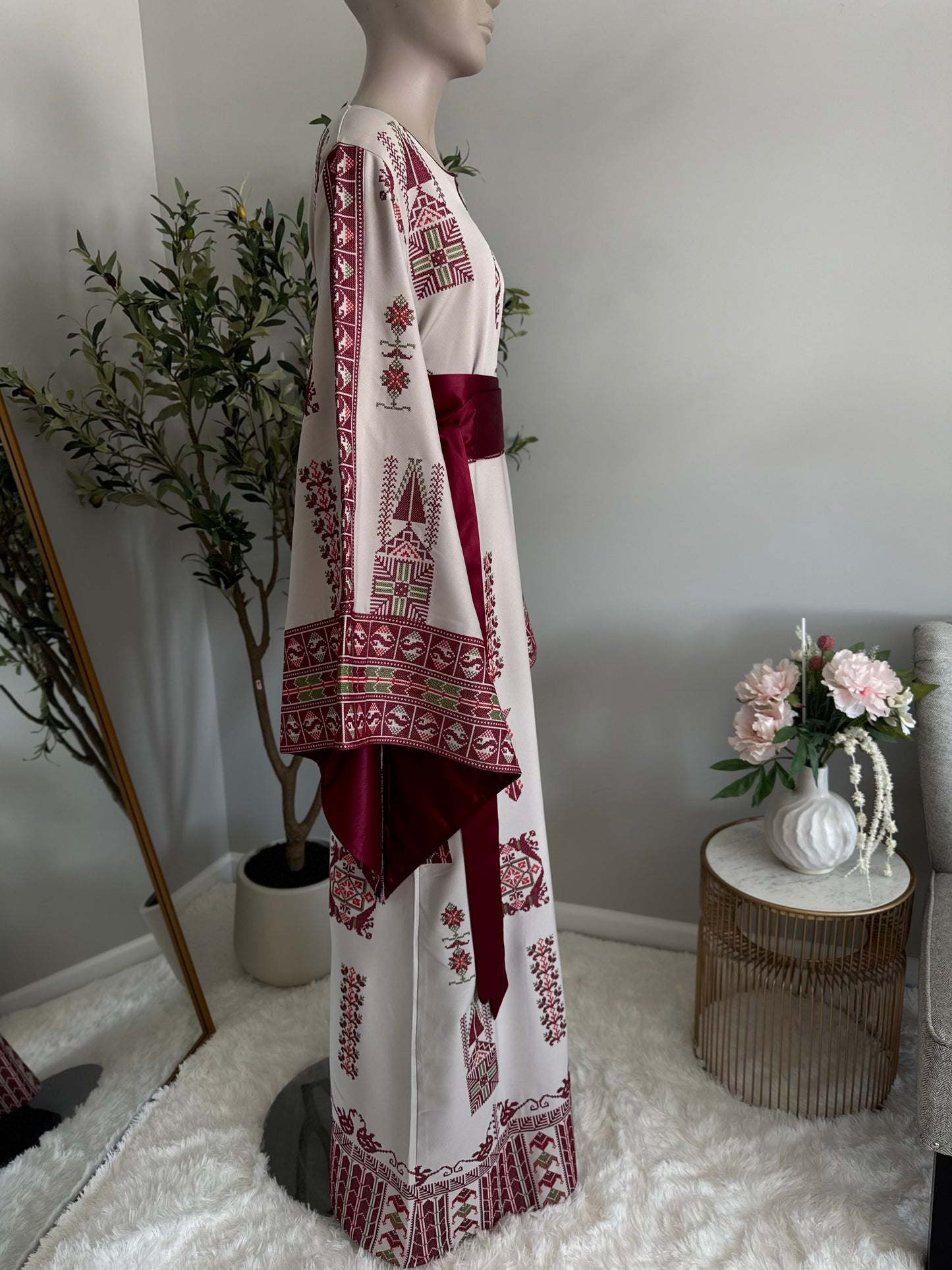 Elegant Cream And Burgundy Embroidered Dress/Thobe