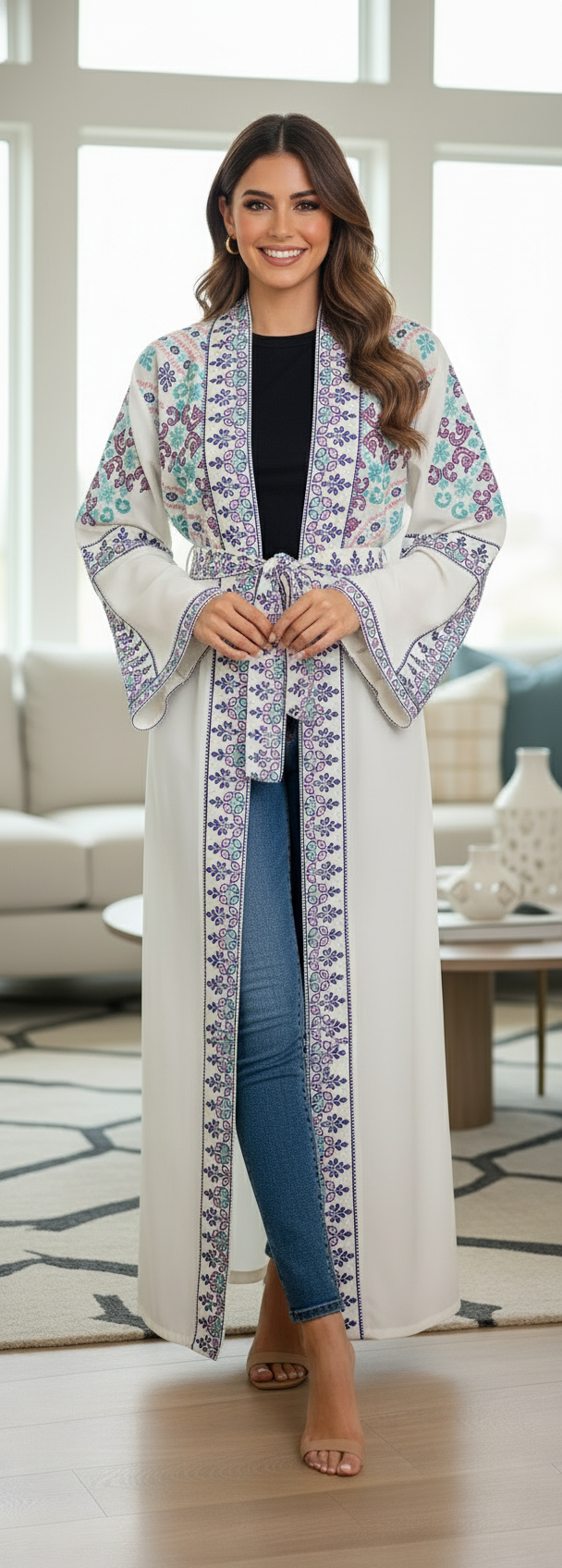 White and blue embroidered caftan
