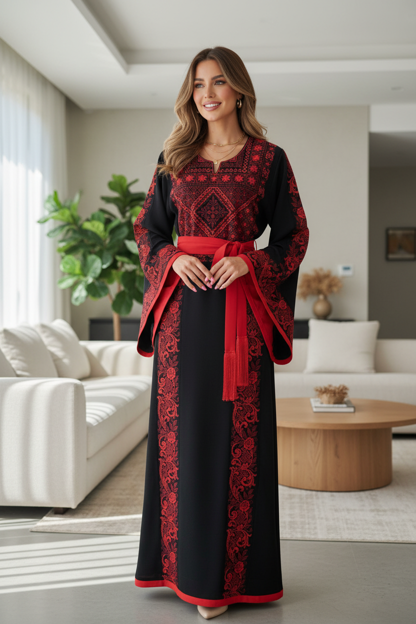 Elegant black and red thobe with matching satin belt