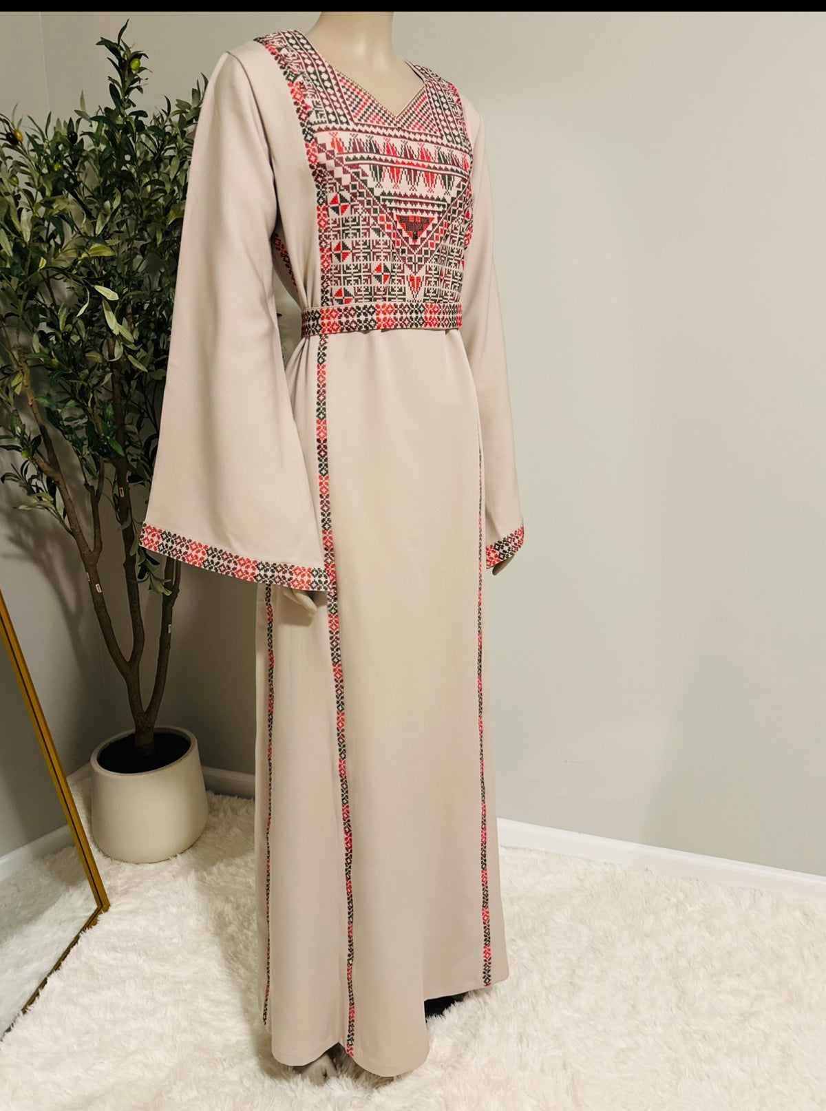 Beige Women’s Dress with Embroidery