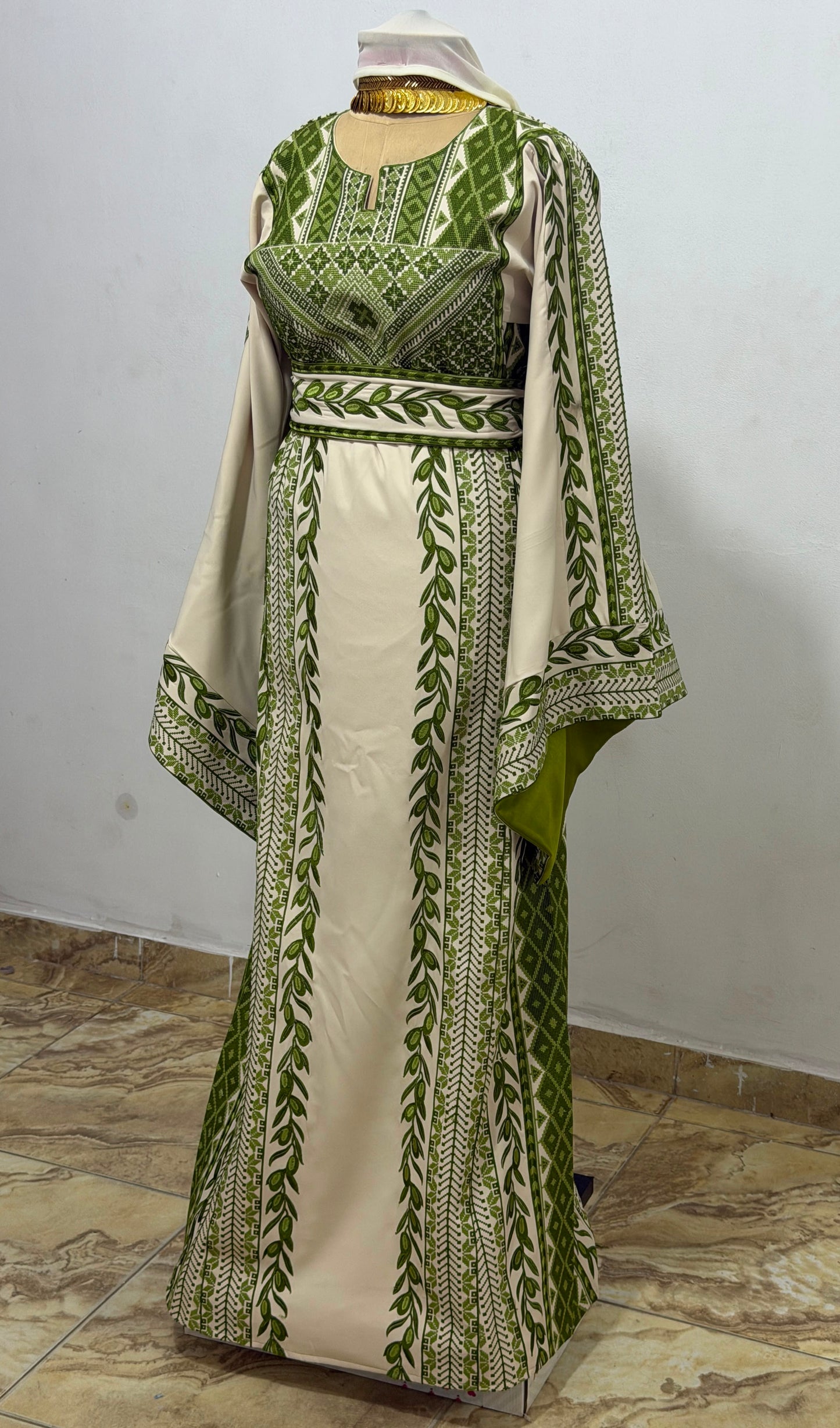 Beige and green embroidered Thobe