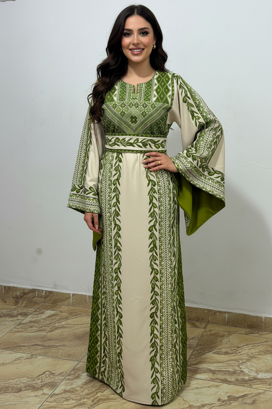 Beige and green embroidered Thobe