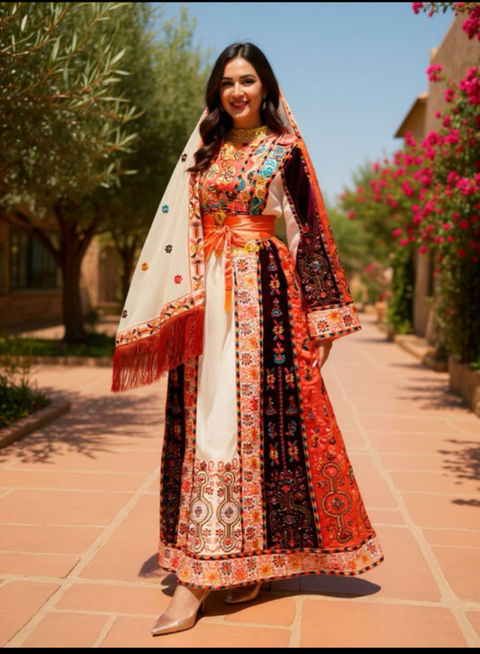 Cream thobe with burgundy velvet and orange satin accents.