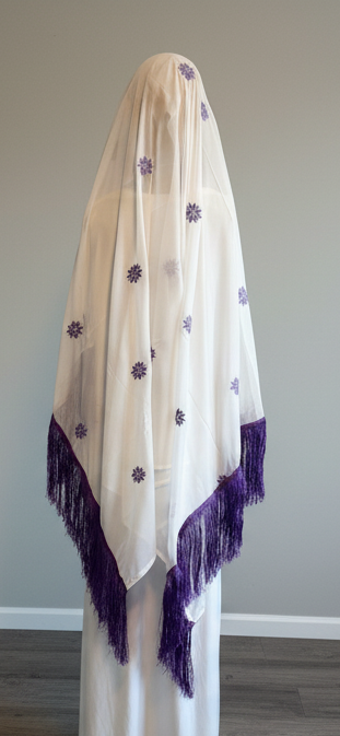White headscarf with purple embroidery