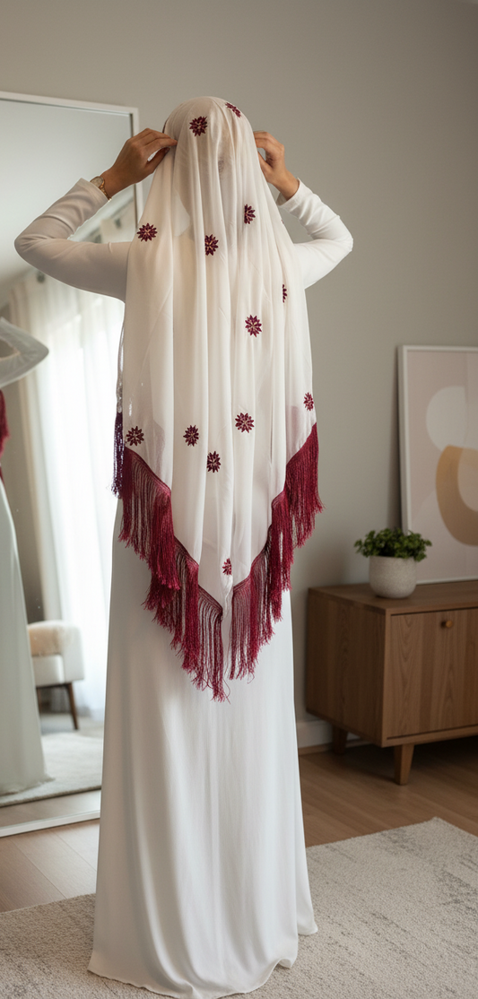 White headscarf with burgundy embroidery