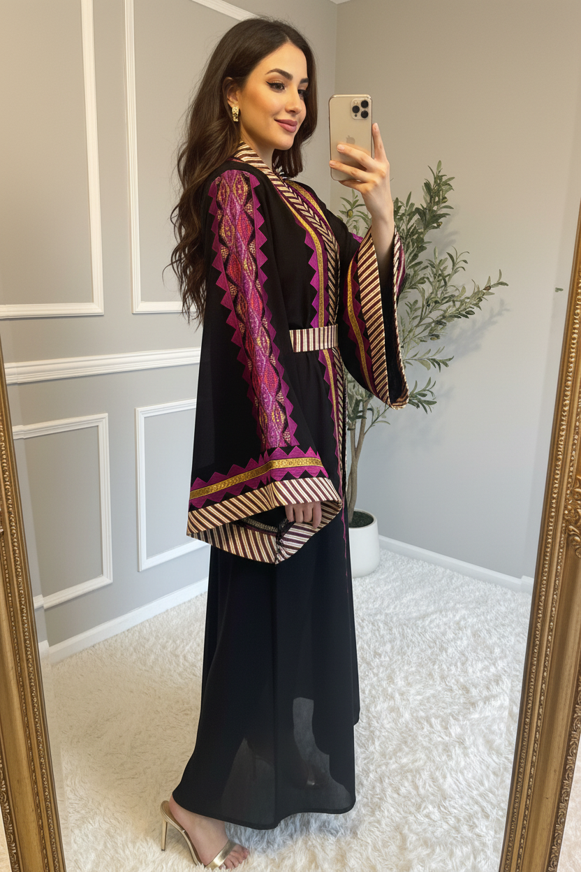 Black and magenta open abaya