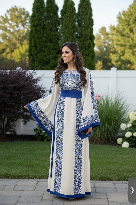 Beige and royal blue and navy thobe