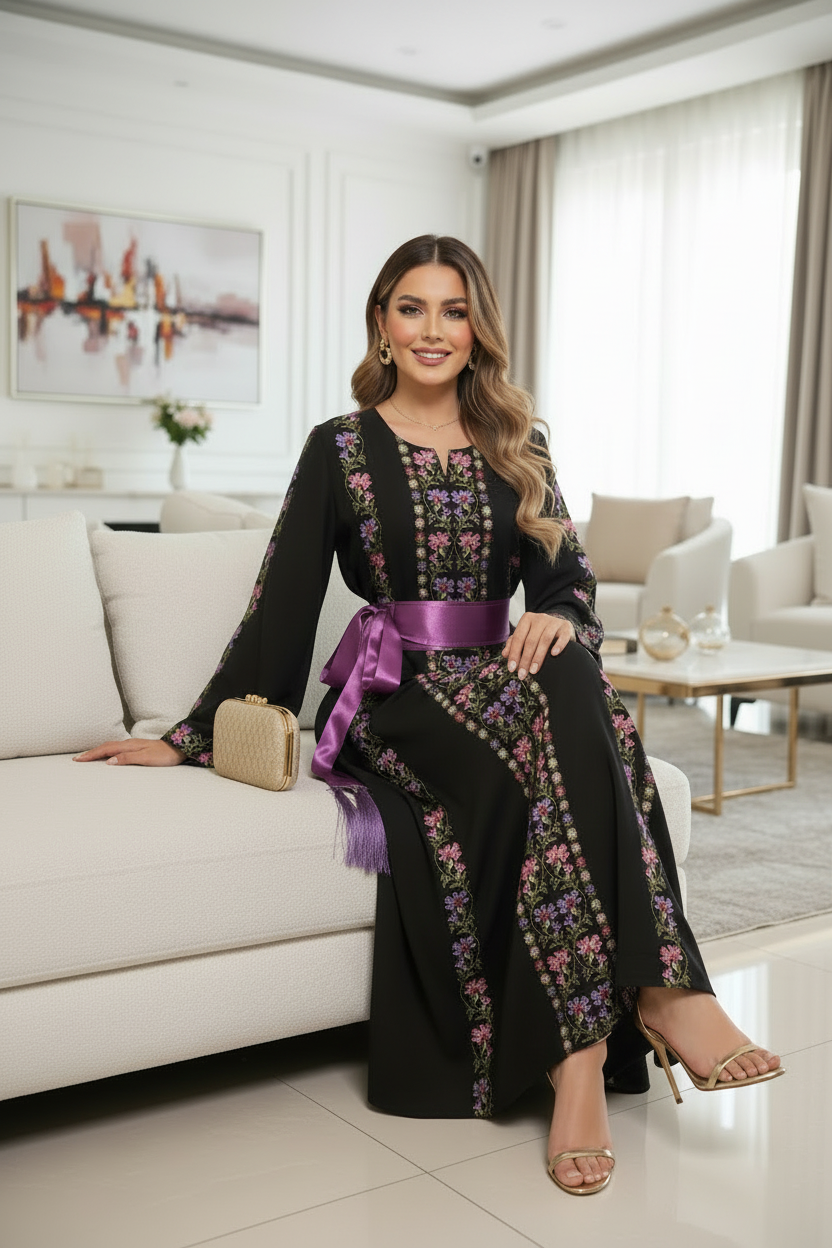 A beautiful black and purple dress with fashionable sleeves.