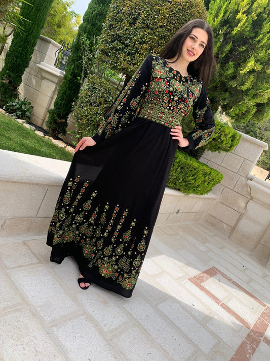 Black and  olive green embroidered dress