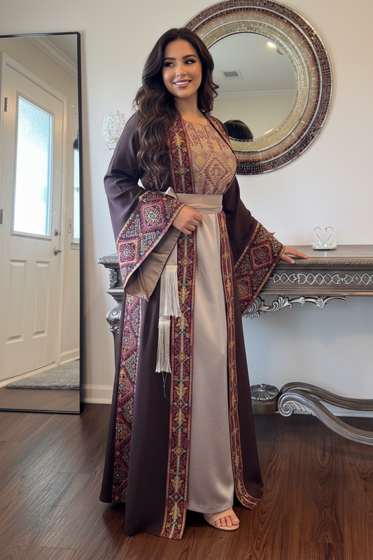 Brown and beige embroidered two-piece abaya with a matching belt.