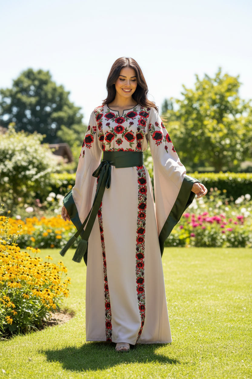 Beige fabric thobe with colorful embroidery