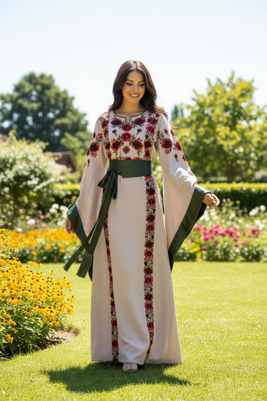 Beige fabric thobe with colorful embroidery