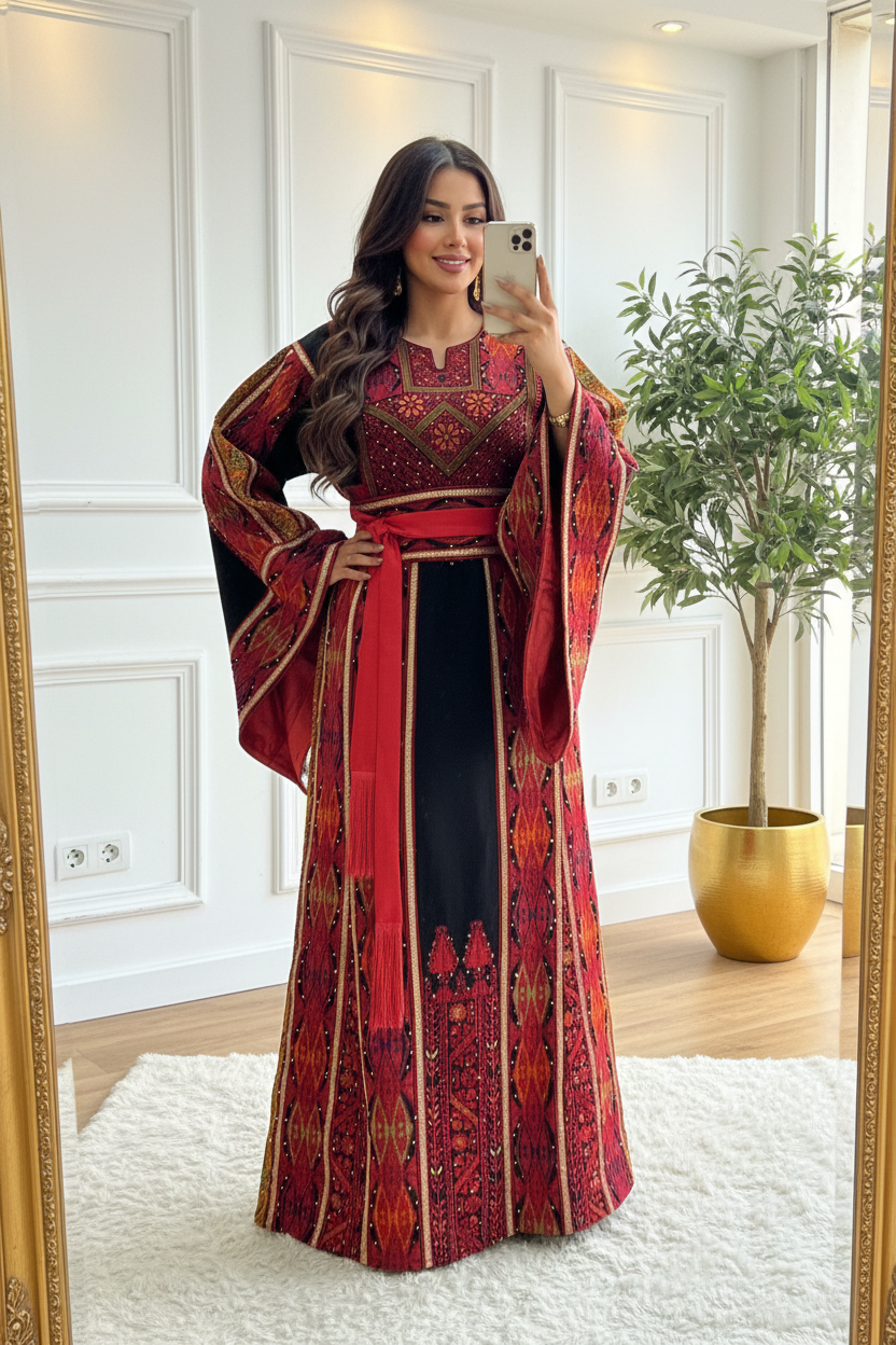 Black and  Red Embroidered Thobe