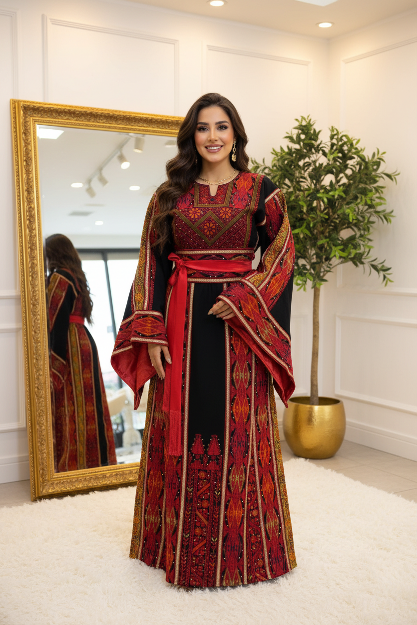 Black and  Red Embroidered Thobe