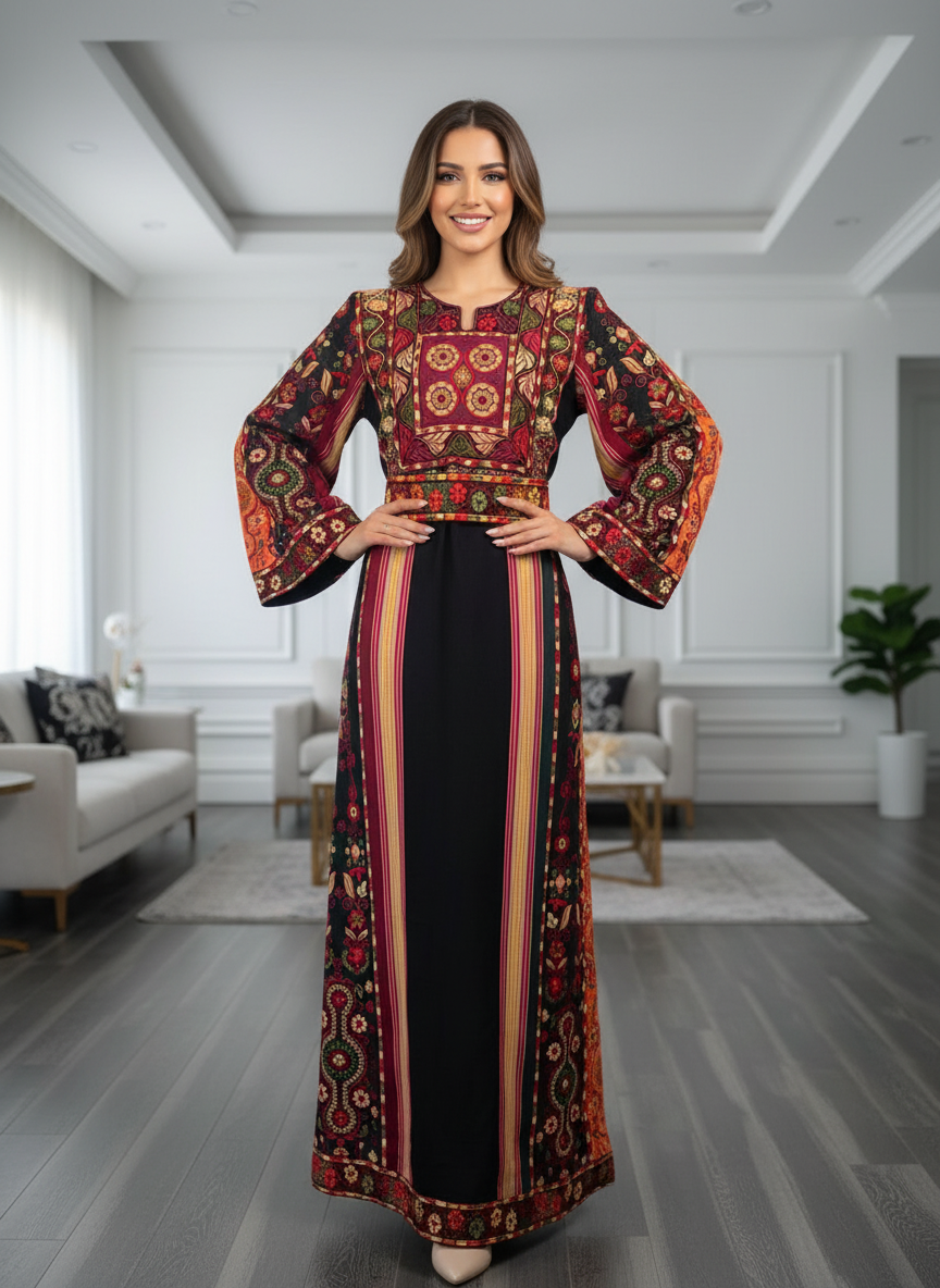 Black majdalwee thobe with orange and green fabric.