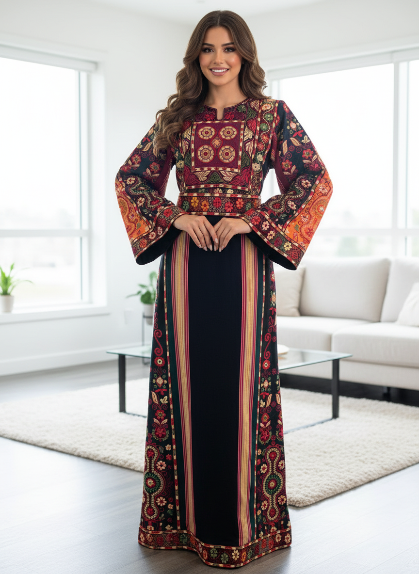 Black majdalwee thobe with orange and green fabric.