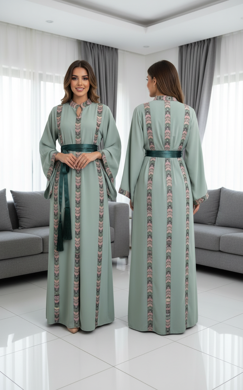 Mint fabric dress with embroidery and satin belt.