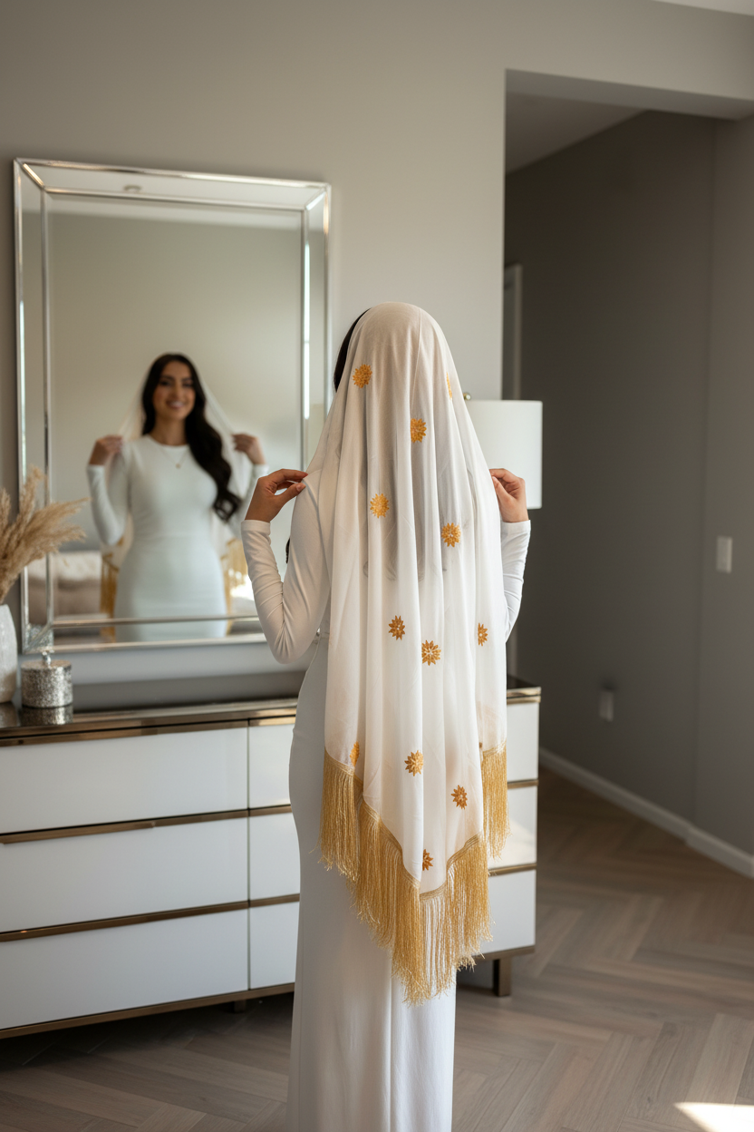 White headscarf with gold embroidery