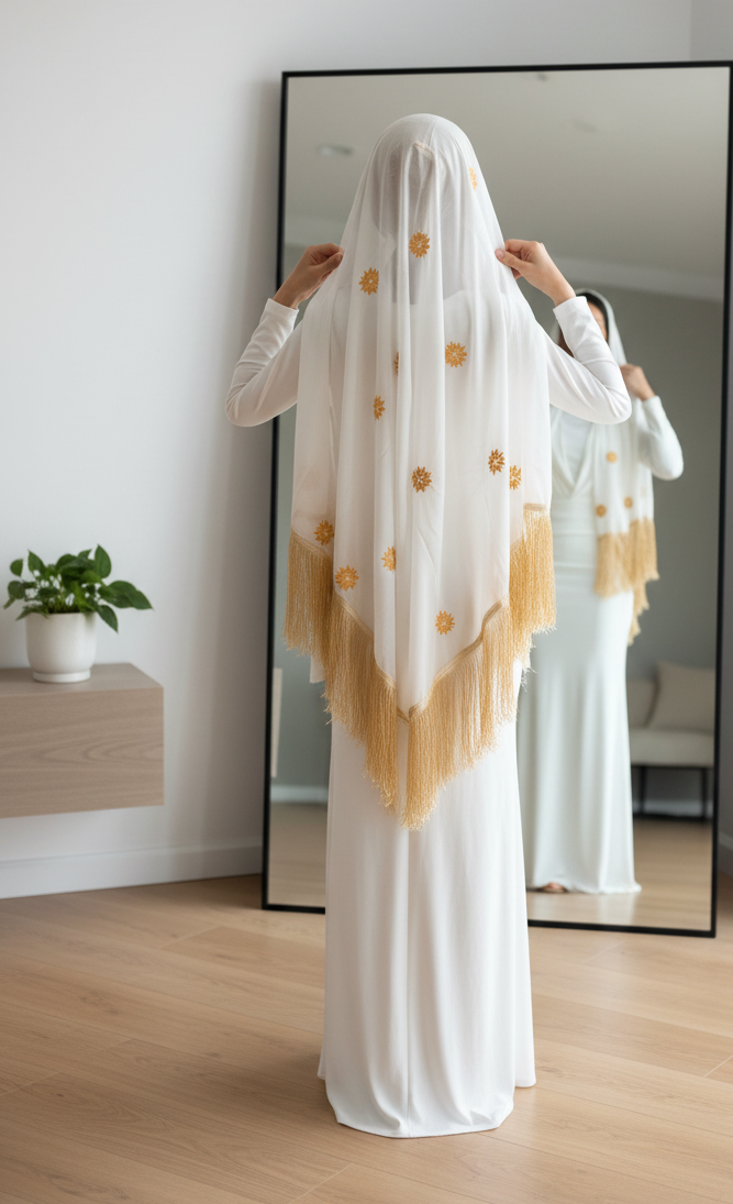 White headscarf with gold embroidery