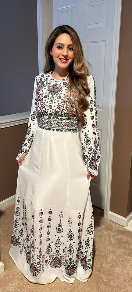 White and green embroidered dress