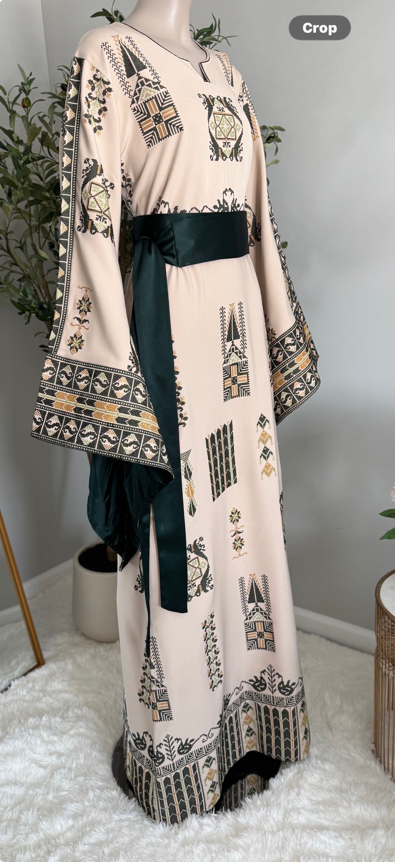Elegant Cream/ beige And Green Embroidered Dress/Thobe