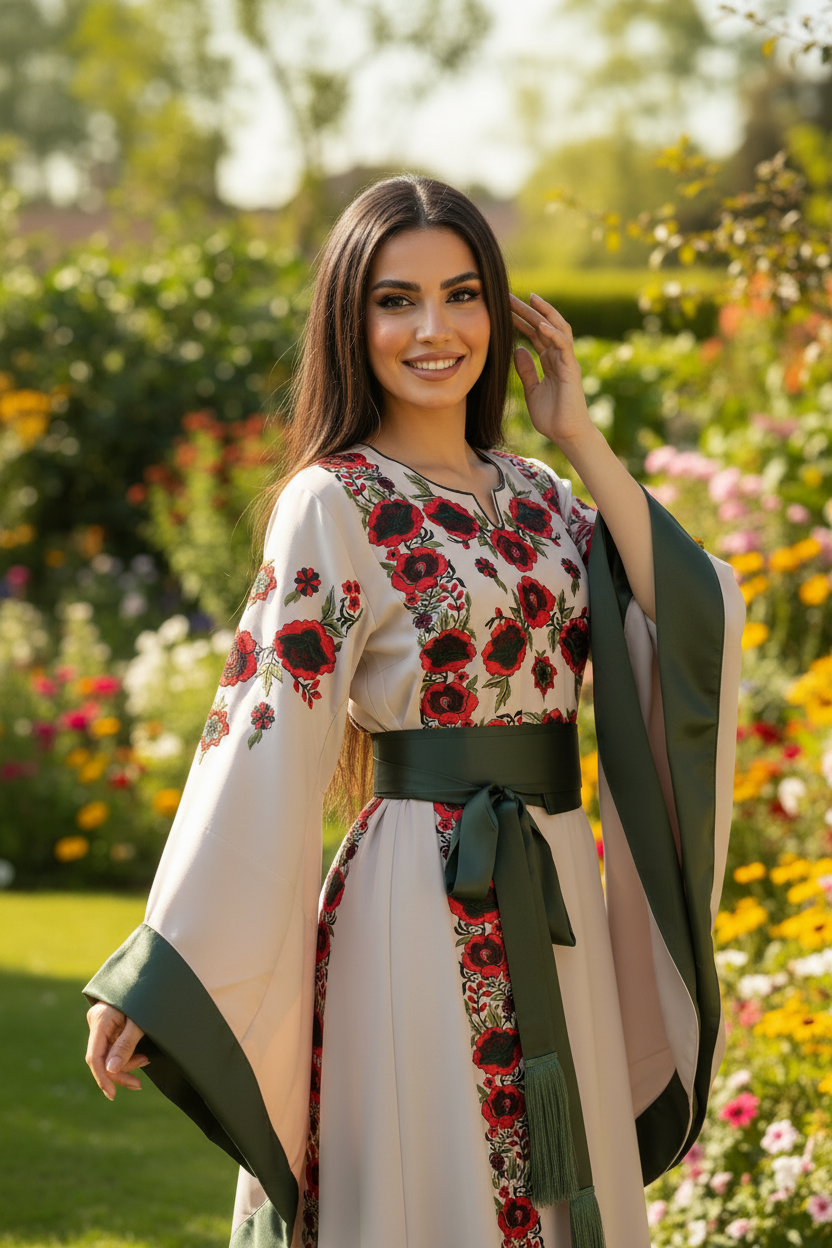 Beige fabric thobe with colorful embroidery